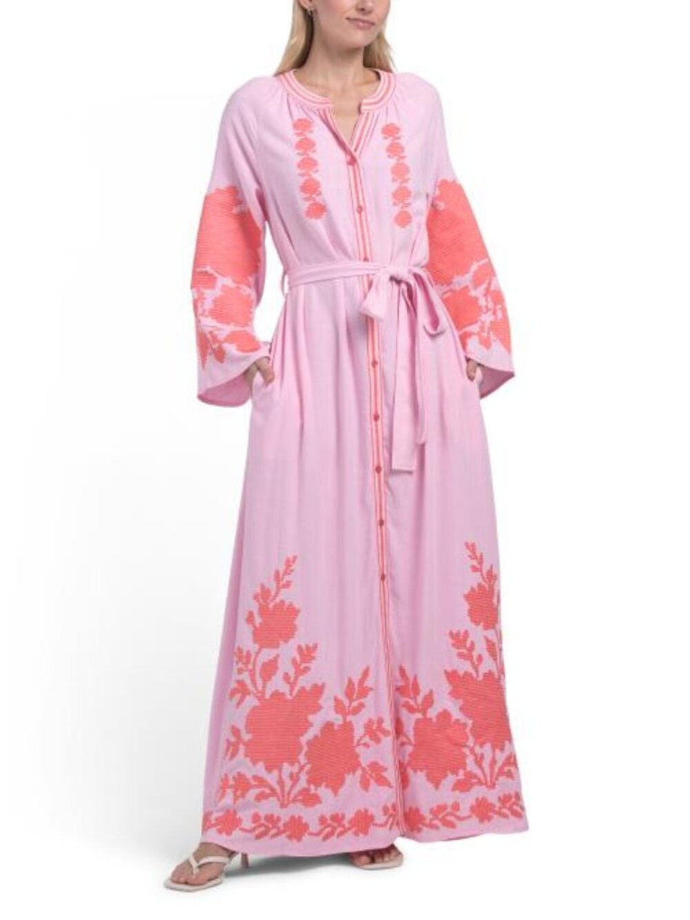 SOLITAIRE Linen Blend Bell Sleeve Embroidered Maxi Dress
